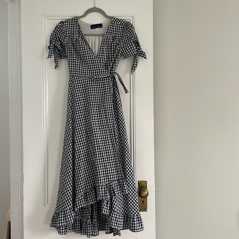 Gingham wrap high-low dress with ruffle